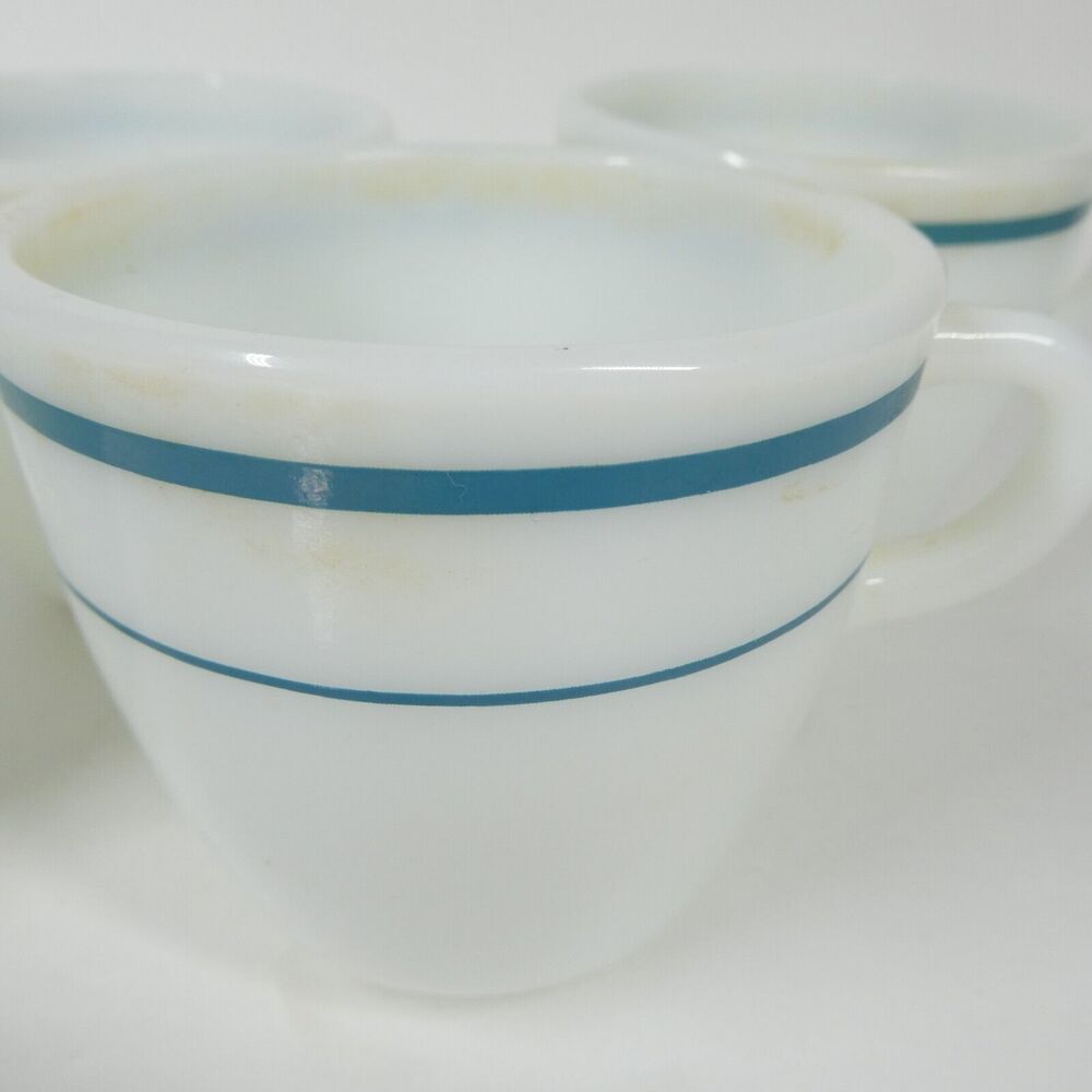 Anchor Hocking Anchorware 4 Teal Blue Stripe Coffee Mugs 910 Cups Vtg Milk Glass - Picture 3 of 14